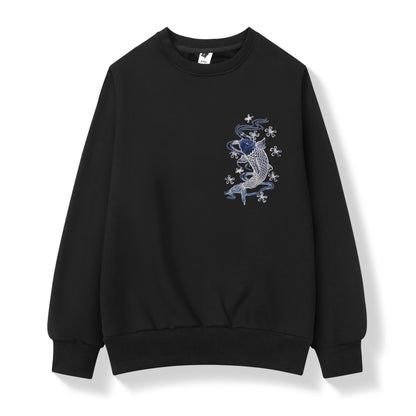 Black sweatshirt with a blue and white embroidered design on a white background