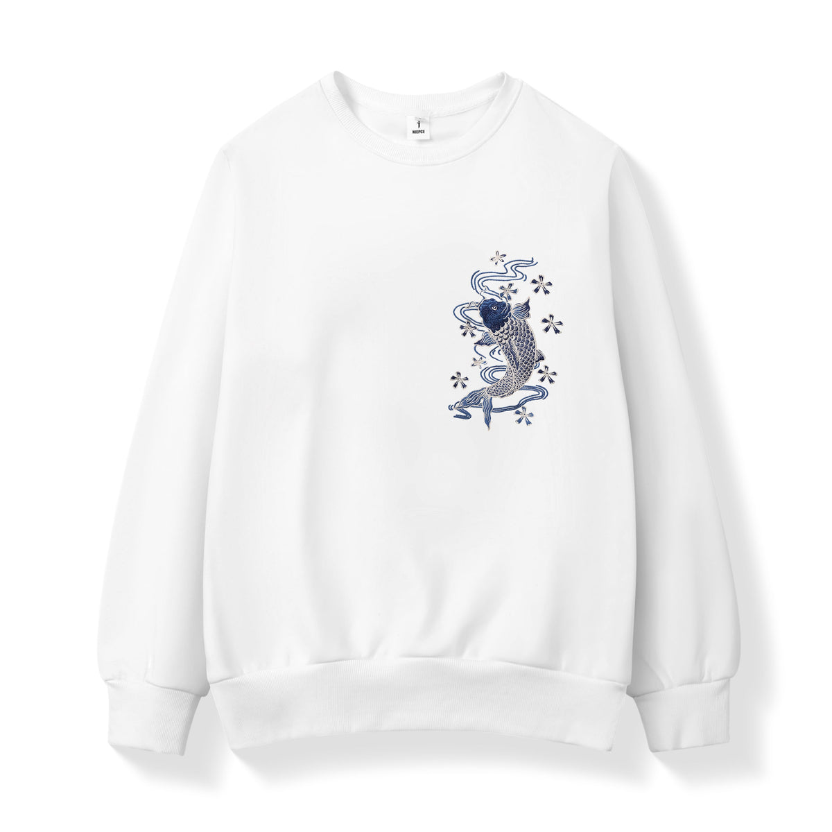 White sweatshirt with a blue and white design on a white background