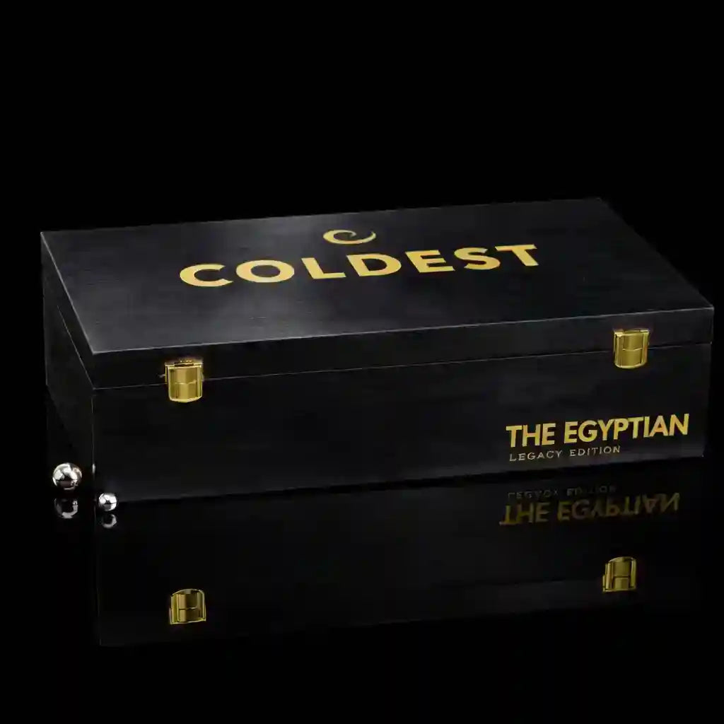 Black box with gold text 'Coldest' and 'The Egyptian' on a black background