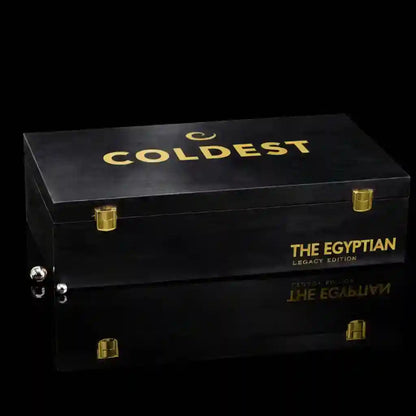 Black box with gold text 'Coldest' and 'The Egyptian' on a black background