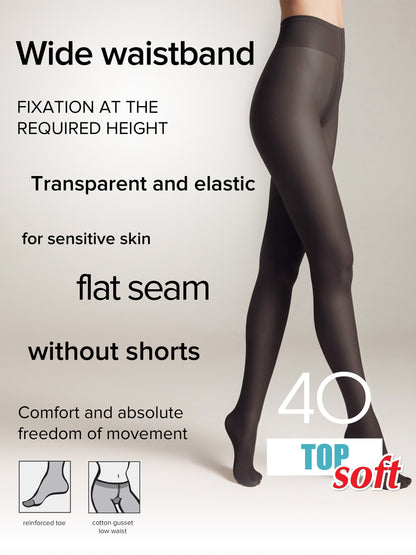 Conte Top Soft 40 Den Tights — Adjustable Fit for Sensitive Skin in Nero Black