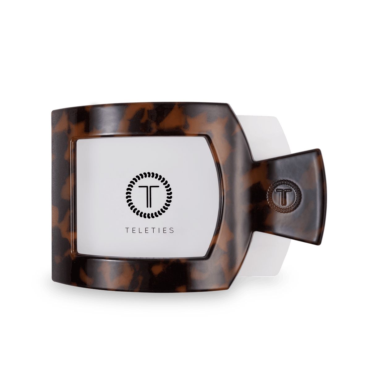 TELETIES Tortoise large flat square hair clip shown open, showing the white interior