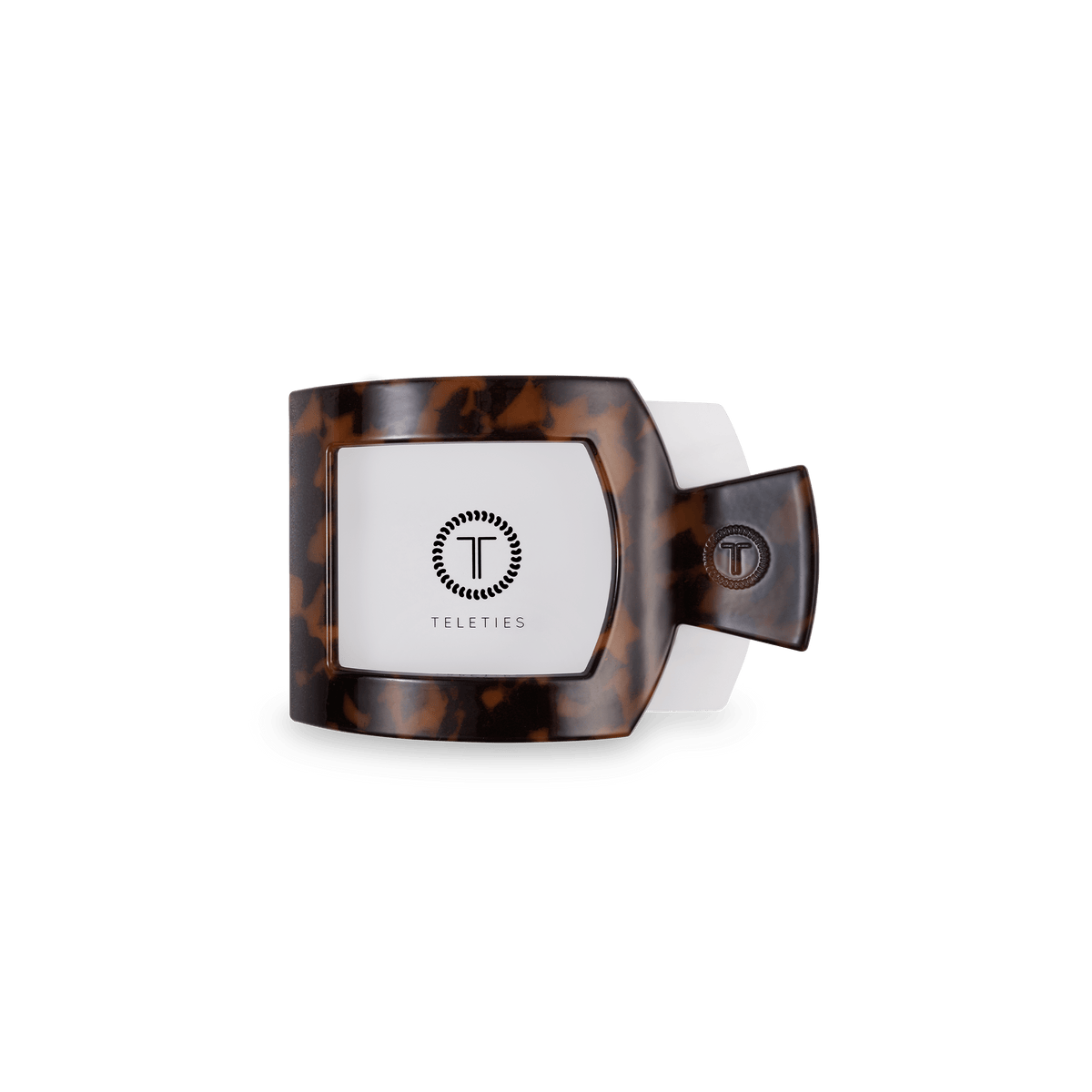 TELETIES Tortoise small flat square hair clip in dark tortoiseshell resin, shown open