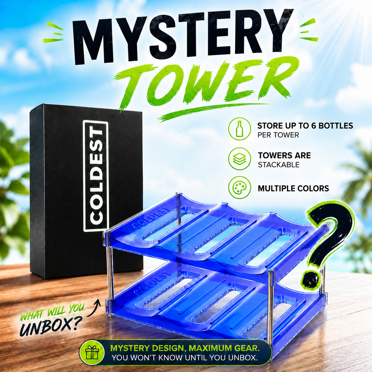 A promotional product graphic for a 'Mystery Tower' bottle storage rack. The image shows a black box labeled 'COLDEST' next to a blue two-tier metal tower with clear acrylic shelves, set against a blurred outdoor background with text callouts about storing up to 6 bottles, stackability, and multiple colors.