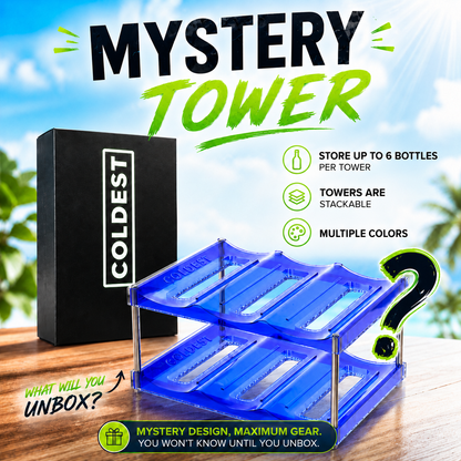 A promotional product graphic for a 'Mystery Tower' bottle storage rack. The image shows a black box labeled 'COLDEST' next to a blue two-tier metal tower with clear acrylic shelves, set against a blurred outdoor background with text callouts about storing up to 6 bottles, stackability, and multiple colors.