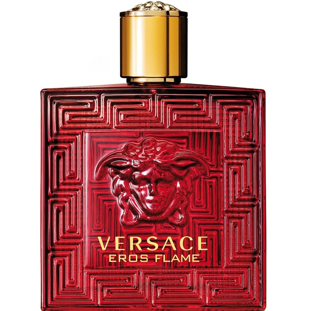 Versace Eros Flame perfume bottle with red design and gold cap on a white background