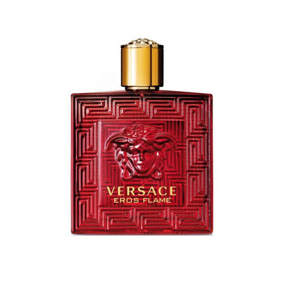 Red Versace Eros Flame perfume bottle on a white background