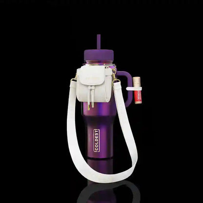Purple water bottle with a white carrying case on a black background