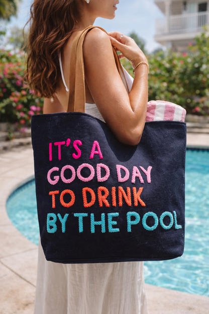 Poolside Bliss Woven Cotton Tote in Navy, styled poolside photo