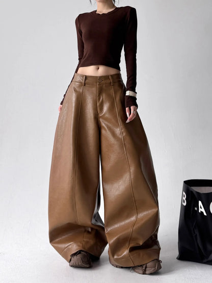 Women's Casual Retro PU Loose Straight Trousers