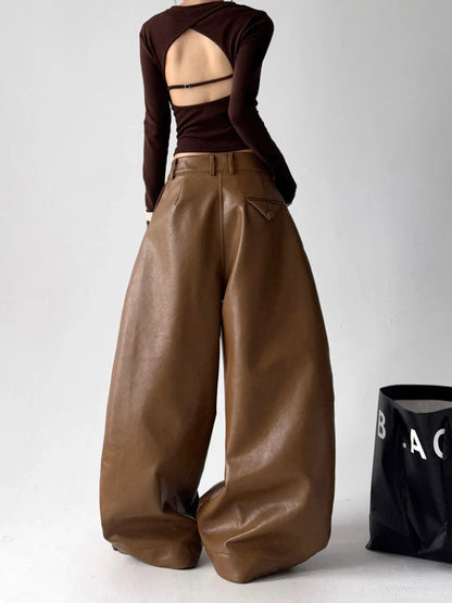 Women's Casual Retro PU Loose Straight Trousers