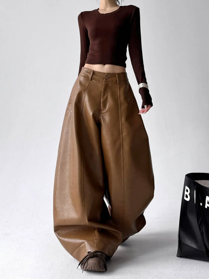 Women's Casual Retro PU Loose Straight Trousers