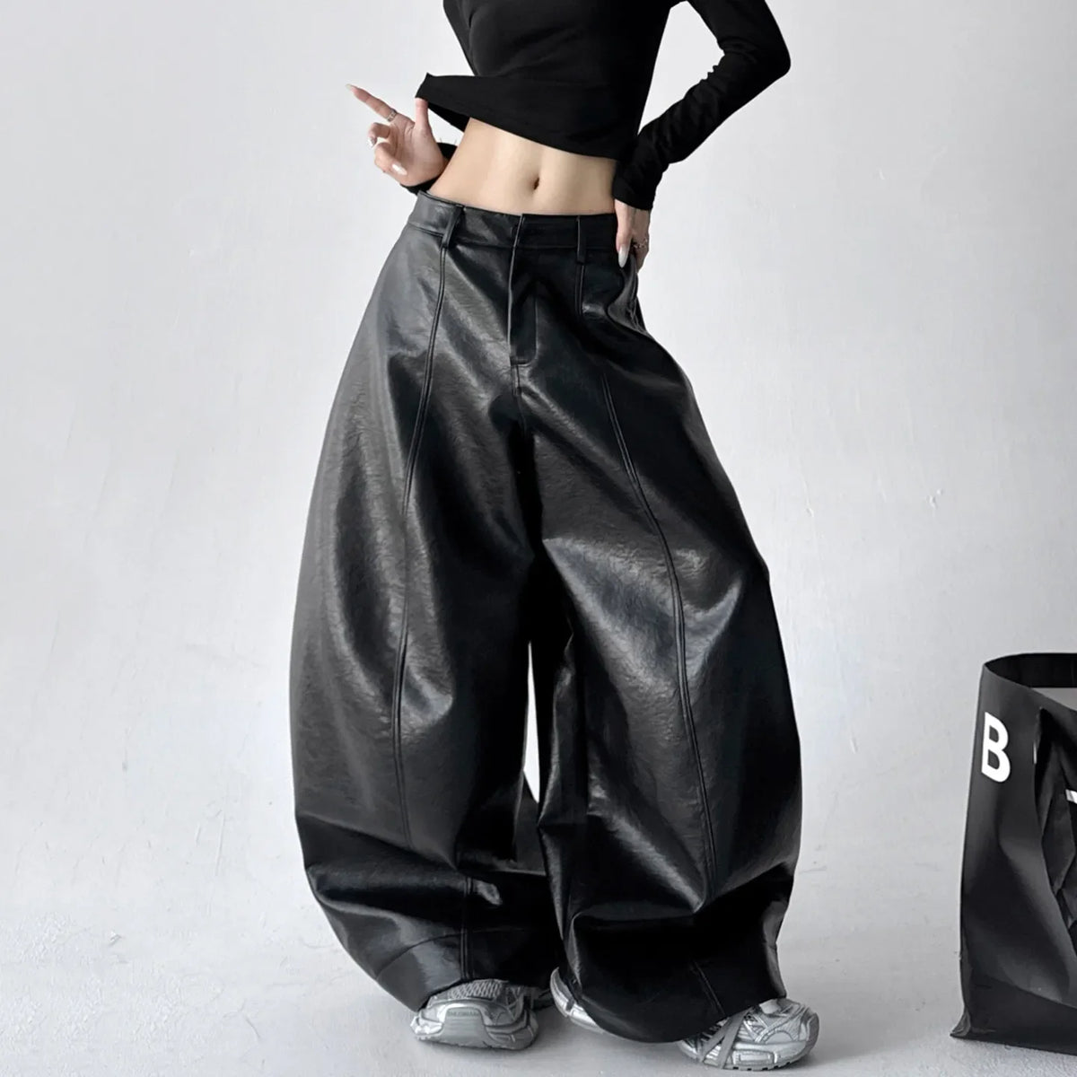 Women's Casual Retro PU Loose Straight Trousers