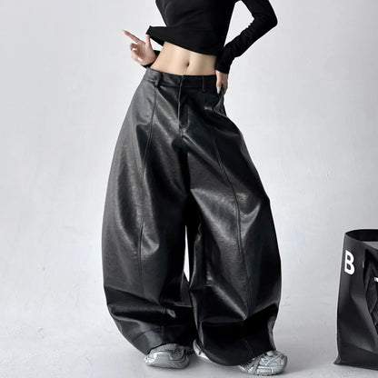 Women's Casual Retro PU Loose Straight Trousers
