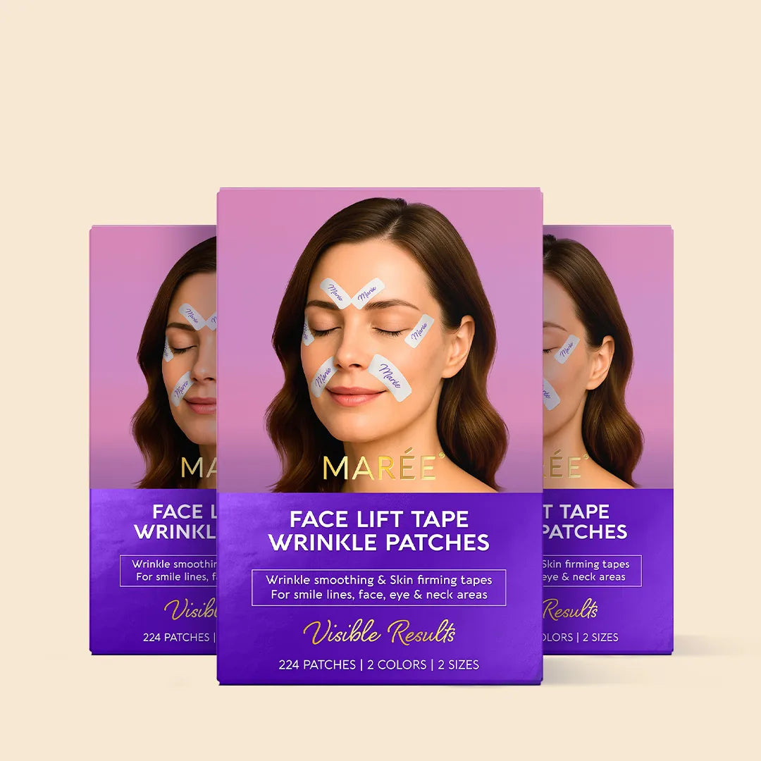 Packaging of MARéE face lift tape wrinkle patches with a woman's face on a beige background.