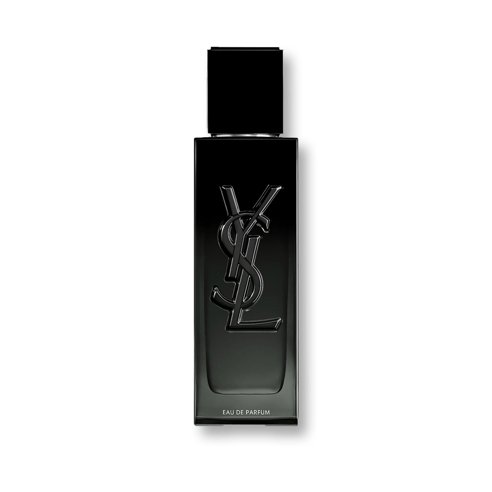 YSL Eau de Parfum black rectangular bottle with a glossy black cap, featuring the embossed YSL logo on the front, set against a solid dark green background.