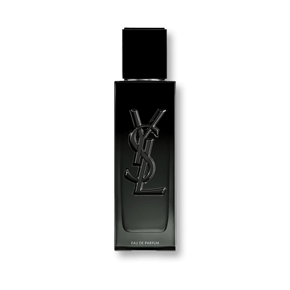 YSL Eau de Parfum black rectangular bottle with a glossy black cap, featuring the embossed YSL logo on the front, set against a solid dark green background.